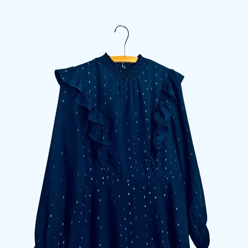 NWT Express Dark Blue Navy Sparkly Dress with Ruffle Sleeves and Keyhole Back - Picture 10 of 11